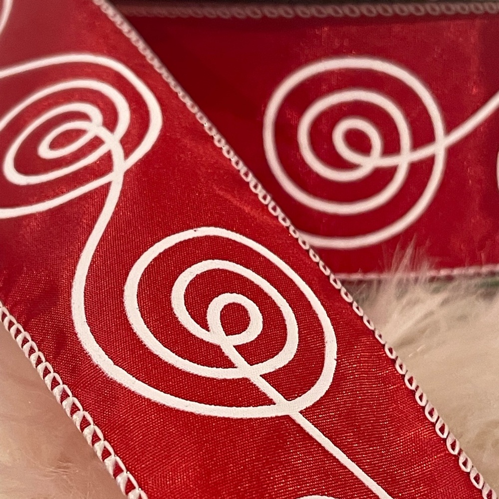 Red & White SWIRL Ribbon 2.5” Premium CHRISTMAS Wired Edge Ribbon, 10 Yards